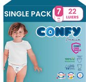 Een Confy luierpak met een kind erop, maat 7, XXL, 22 luiers. Blauwe achtergrond met tekst.