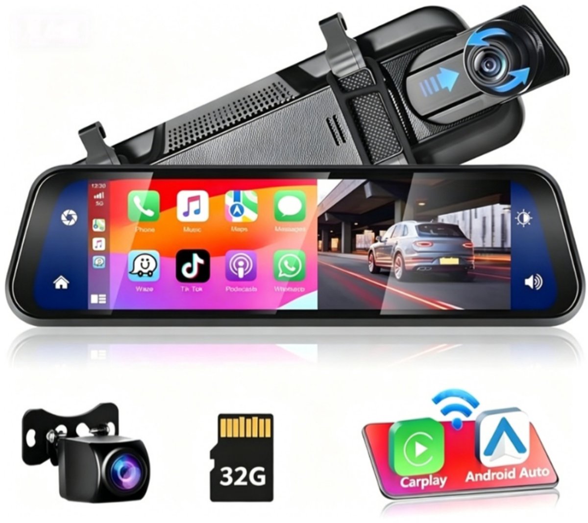 HD-achteruitkijkspiegel-dashcam - met draadloze Apple CarPlay- en Android Auto-functionaliteit - 9,66 inch - 1080P - IPS-touchscreen - dual-screen dashcam - Bluetooth + AHD-achteruitrijcamera - wifi - inclusief 32 GB SD-kaart