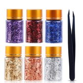 Metallic kleur folie vlokken set 7 delig decoratie materiaal voor dames en heren goud zilver roségoud rood blauw paars met pincet voor knutselen hars en schilder projecten