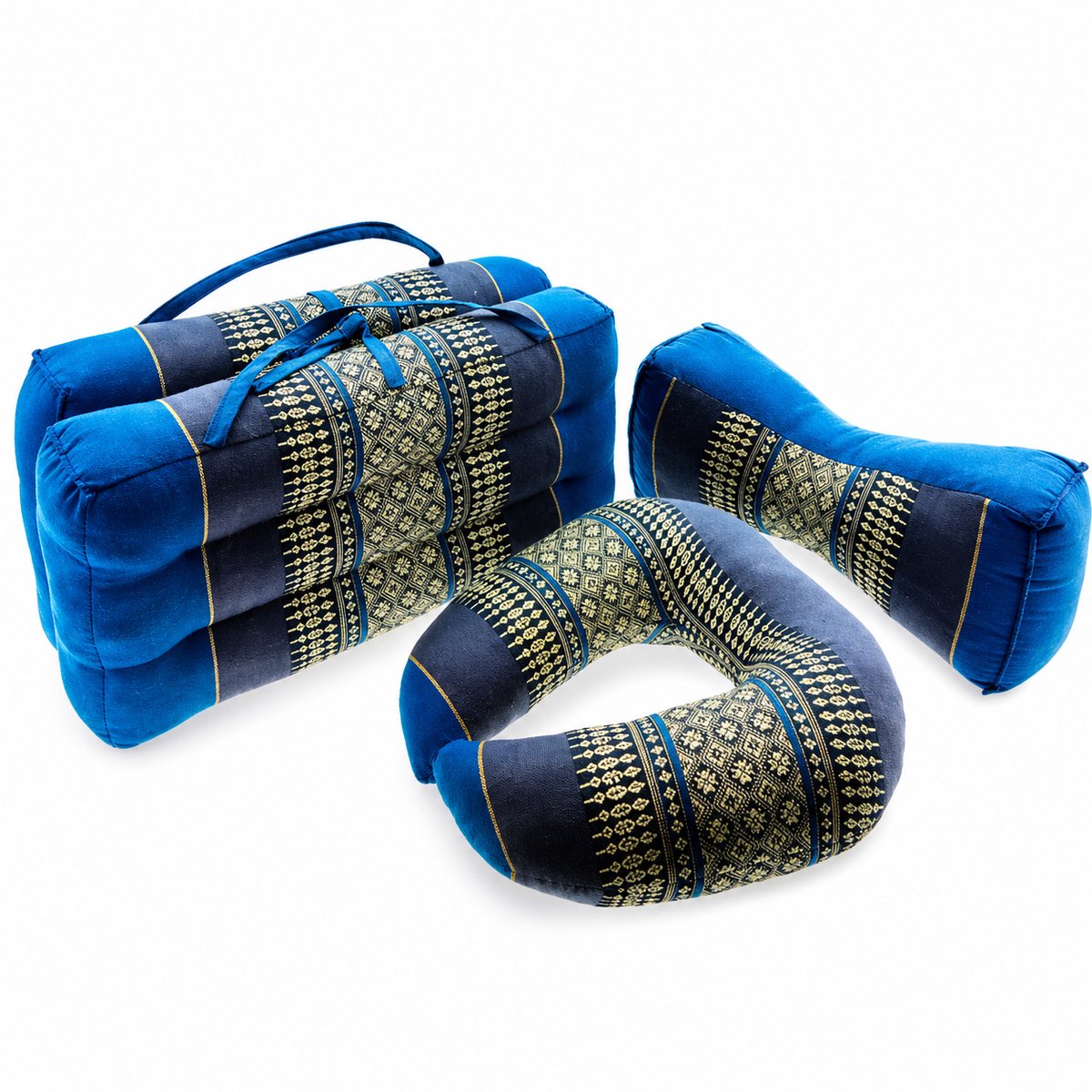 Meditatieset 3-delig blauw grijs – hard & stevig kapok – draagbaar meditatiekussen + nek- en bone kussen – opvouwbaar yoga zitkussen met handvat