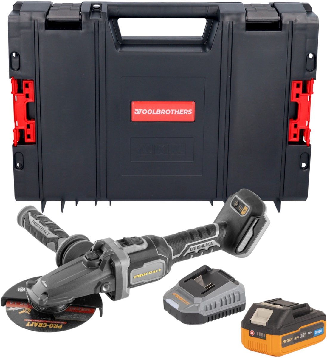 Procraft Industrial AG125Cbb accu vlakke kop haakse slijper 20 V 125 mm borstelloos + 1x accu 4,0 Ah + oplader + RHINO Toolcase