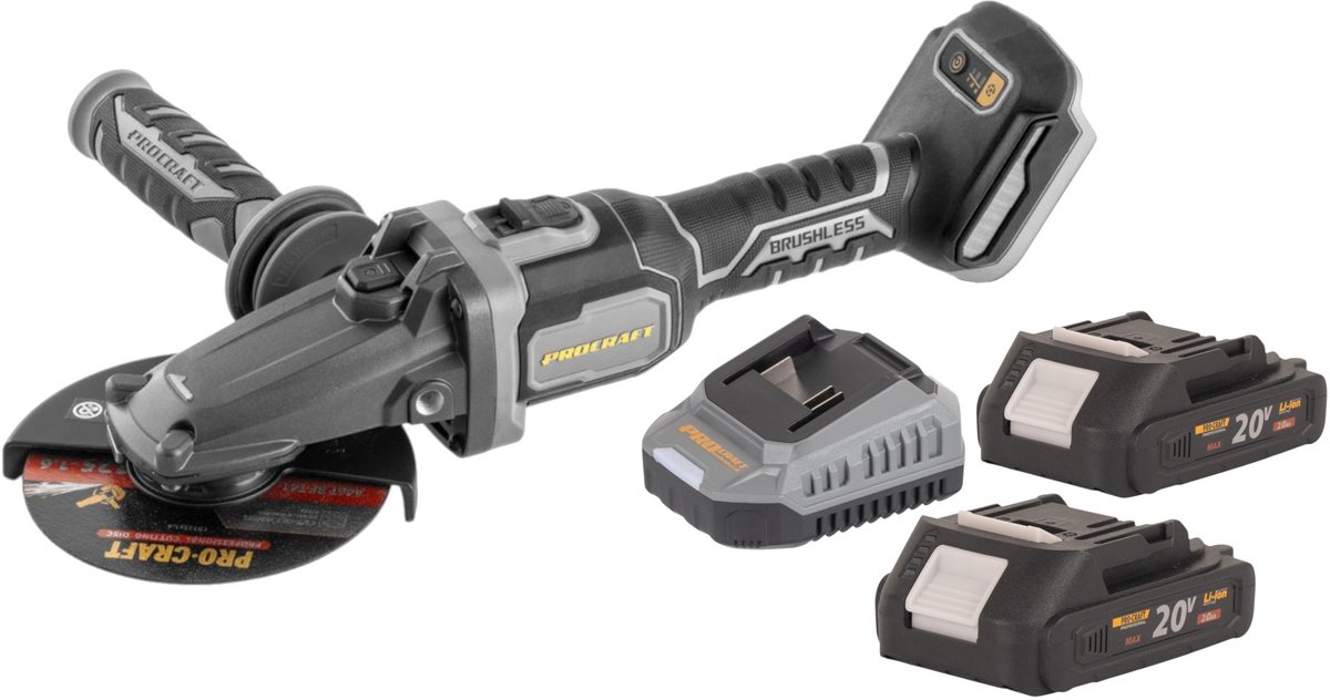Procraft Industrial AG125Cbb accu haakse slijper met platte kop 20 V 125 mm borstelloos + 2x accu 2,0 Ah + oplader
