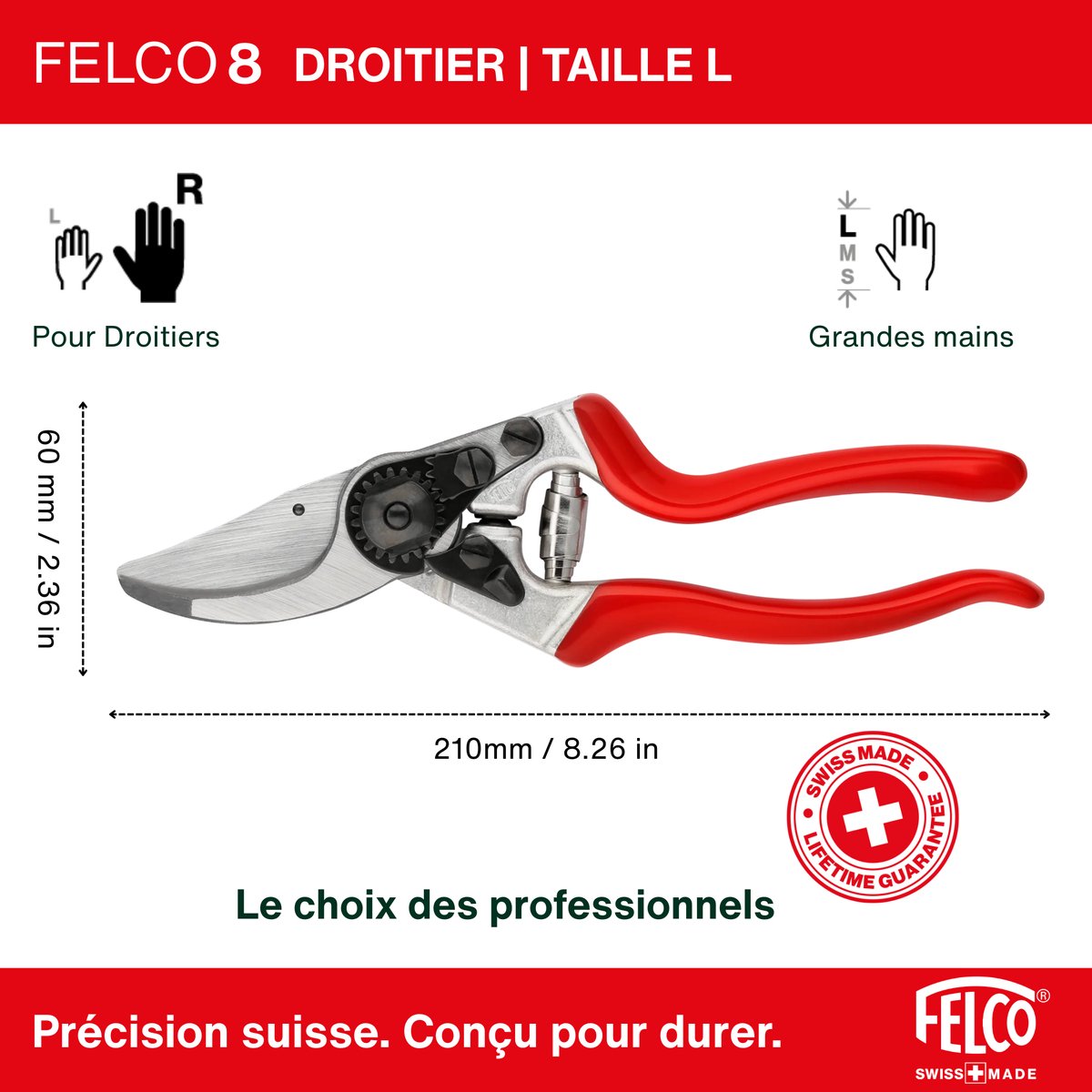 Felco 8 Sécateur - Pour grandes mains - Diamètre de coupe max. 25 mm