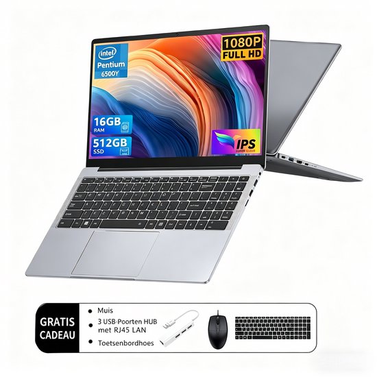 Acmine Laptop - 17.3 inch Full HD - 16 GB RAM - 512 GB SSD - CPU 6500Y - Windows 11 - Vingerafdrukontgrendeling - Met AZERTY-Toetsenbordsticker - Grijs - Acmine - Hoofdafbeelding