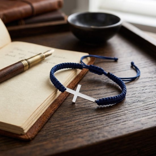 Marineblauwe gevlochten armband met zilverkleurig kruis, naast een open notitieboekje met pen.