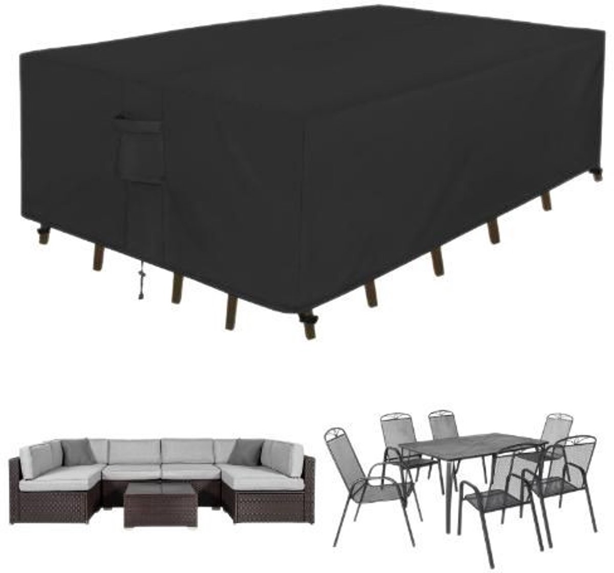 REWYTAZ-Tuinset Beschermhoes Waterdicht met Trekkoord en Goede Afwatering - B242 x L162 x H100CM - Zwarte hoes Tuinmeubel - Loungeset Hoes - Tuintafel Hoes