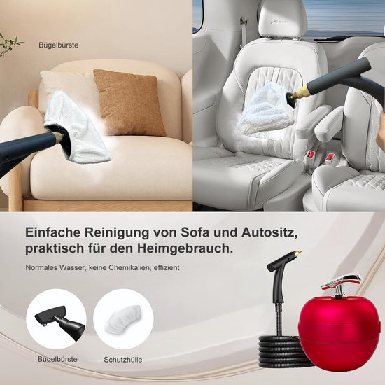 Stoomreiniger gebruikt op een bank en autostoel. "Einfache Reinigung von Sofa und Autositz".