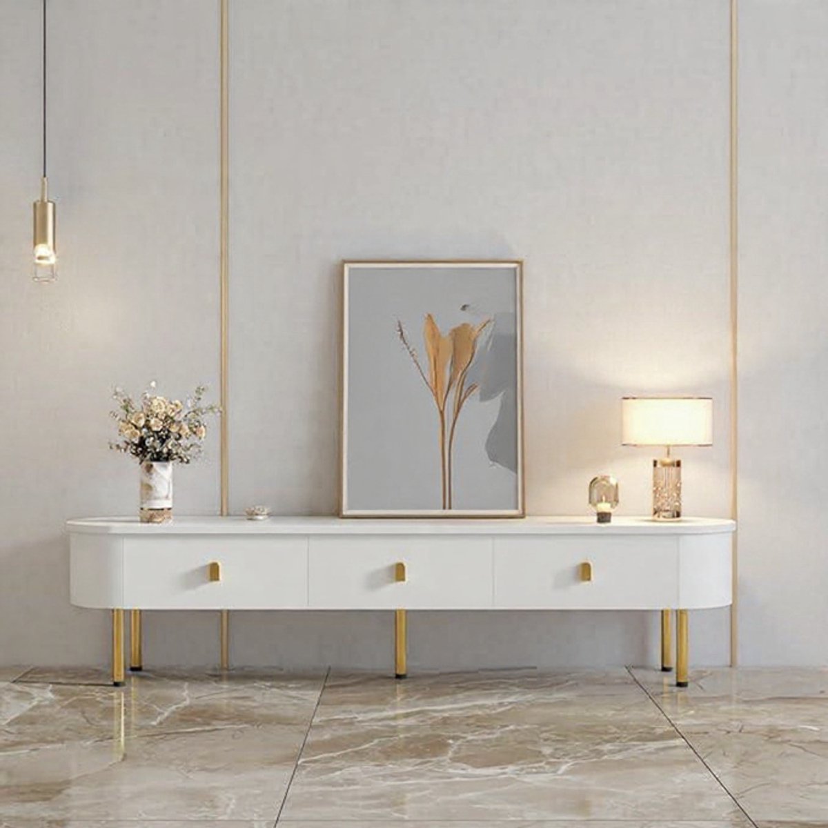 TV-Meubel Wit met Goud - Luxe Televisietafel voor 70 Inch TV - Design TV-Kast 174x35x41 cm met 3 Laden & Afgeronde Hoeken - Moderne Mediakast - Yesdeals