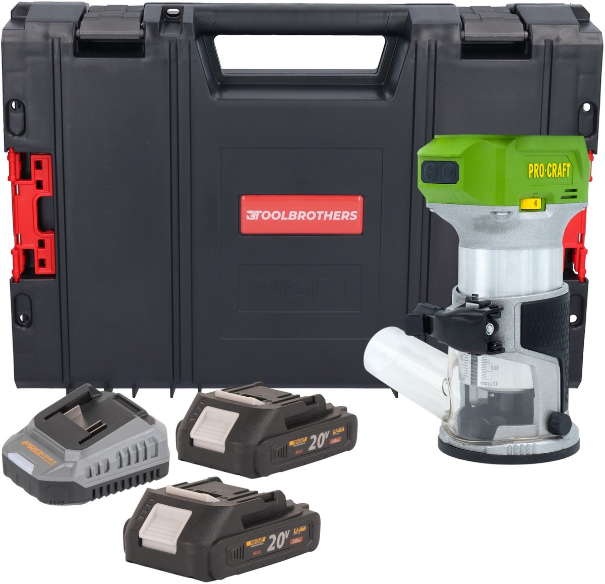 Procraft POB24bb accu multifunctionele frees 20 V 6 / 8 mm borstelloos + 2x accu 2,0 Ah + oplader + RHINO gereedschapskoffer