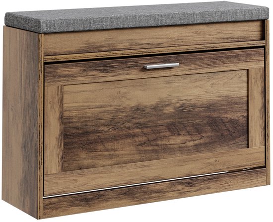 Een houten schoenenbank met een klapdeur, lade en grijze zitting.