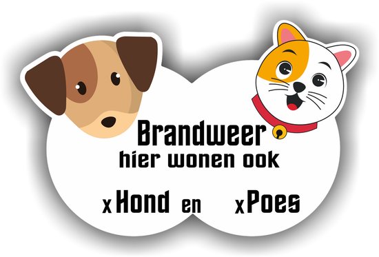 Autocollant d'alerte avec chien, chat dessinés et texte 'Brandweer hier wonen ook x Hond en x Poes'.
