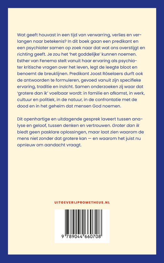 Achterkant van een boek met tekst en een barcode.