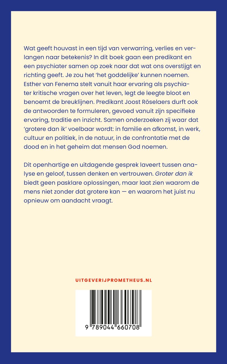 Achterkant van een boek met tekst en een barcode.