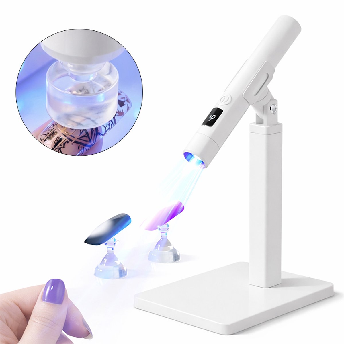 Mini Nagellamp met Standaard – Handsfree UV LED Lamp voor Gelnagels – Beschermt Handen tegen UV – Sterke Focus – Met Timer 45s/60s & Digitaal Display – Draagbare Nageldroger – Wit