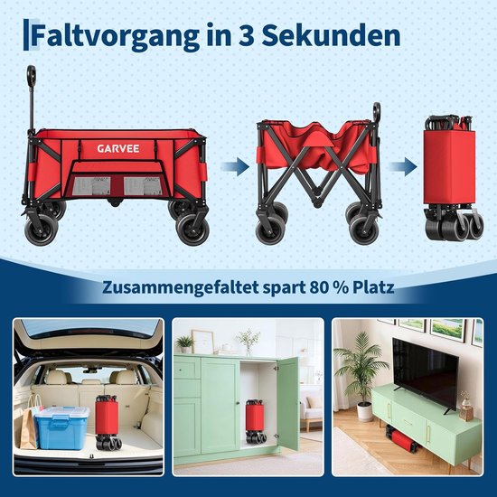 Heavy-Duty Opvouwbare Bolderkar Zwart - Draagkracht 215 kg / 280 Liter - Bolderwagen met All-Terrain Wielen, Remmen & Bagagespin - Strandkar & Kamperen - Rood — afbeelding 3