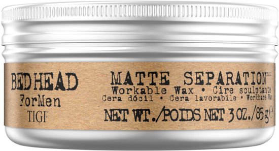 Bed Head For Men TIGI Matte Separation Werkbare Wax pot met een bruine wikkel. Netto gewicht 85g.