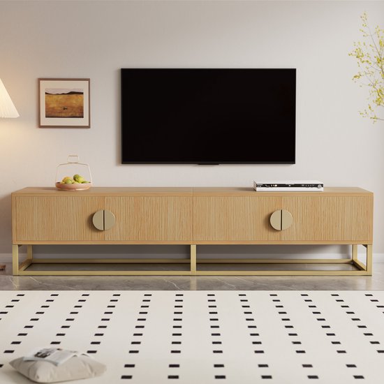 Tv-meubel met houtlook, gouden ronde handgrepen, staat op een gouden onderstel.