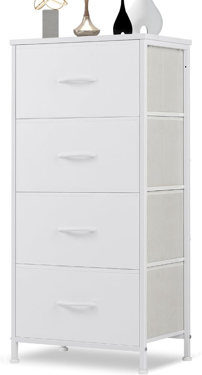 ladekast - Opbergkast met 4 lades – Stoffen ladekast – Metalen frame – Dressoir kast slaapkamer/hal – Wit – 44x30x95 cm