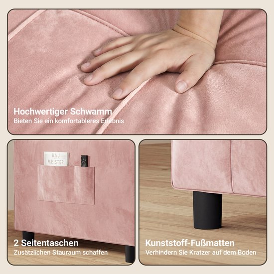 Roze slaapbank met hoge kwaliteit schuim, zijvakken en kunststof voetjes.