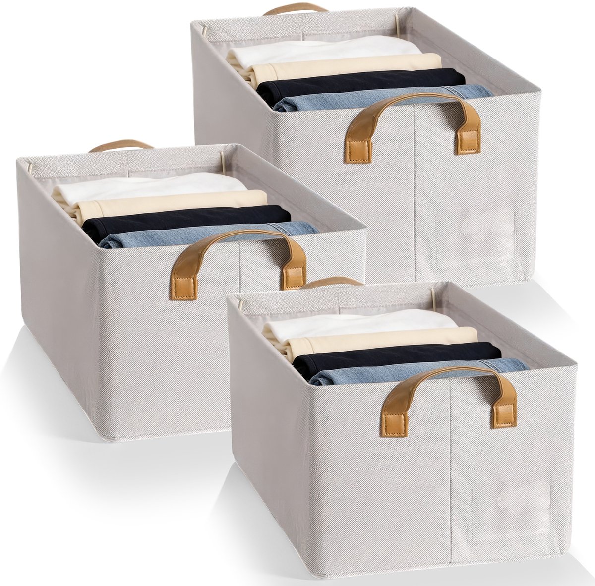 Lemlit Grote opbergmanden - Opvouwbare stoffen opbergboxen - Kledingkast organizer met handvatten - 28x47x20cm - 3 stuks beige