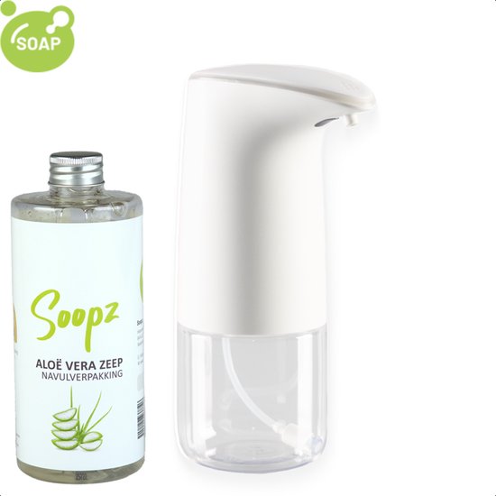 Witte automatische zeepdispenser naast een fles aloë vera zeep navulverpakking.