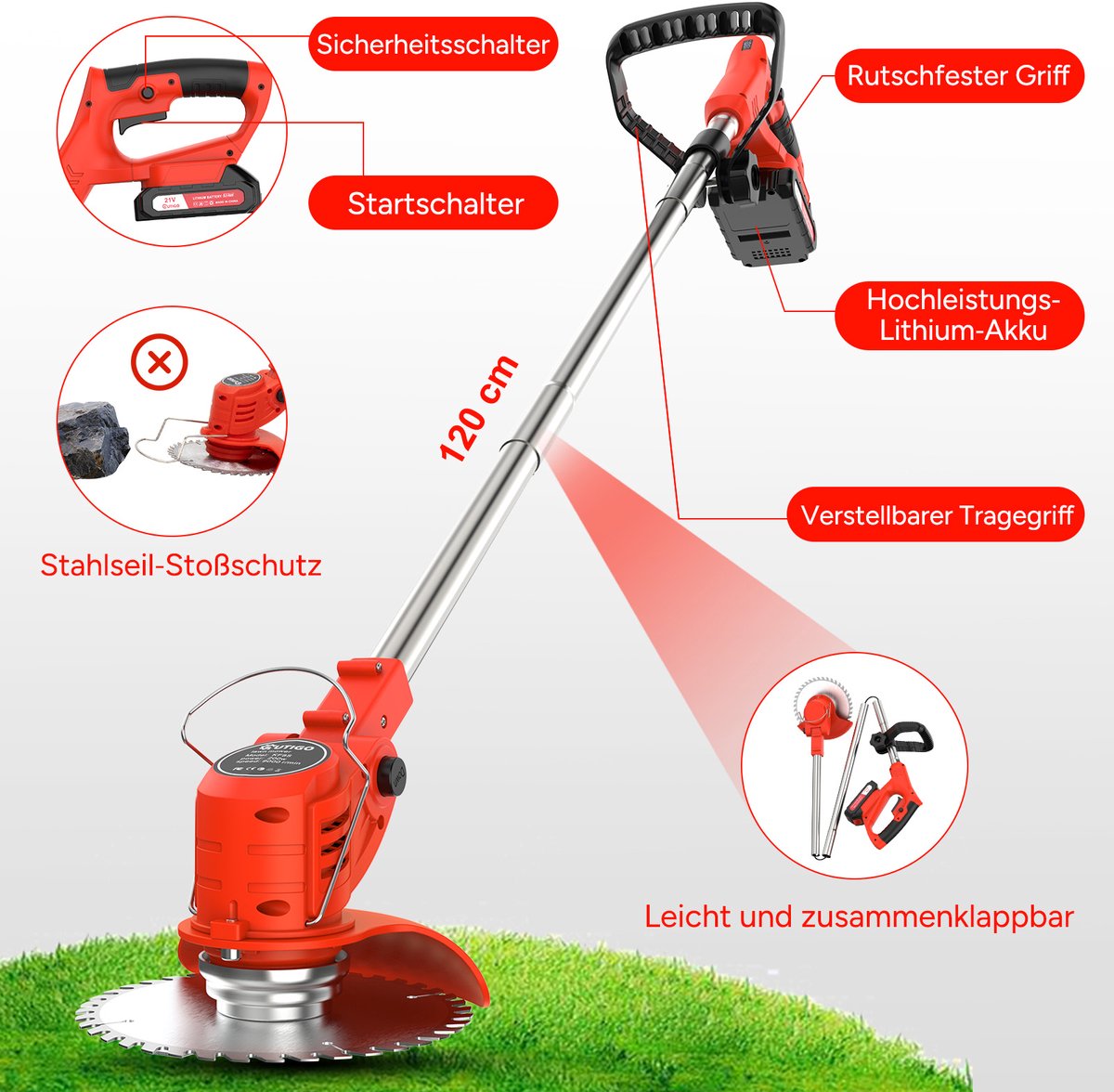 Accu grastrimmer met accu, gazonkantentrimmer met 2 accu's 21V en 4 mestypen + 1 tuinschaar, opvouwbare grasmaaier-Rood – foto 5