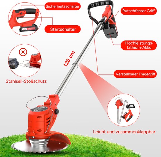 Gedetailleerde rode grastrimmer met stalen stootbescherming, veiligheidsschakelaar, startschakelaar, lithium-accu en verstelbare handgreep.