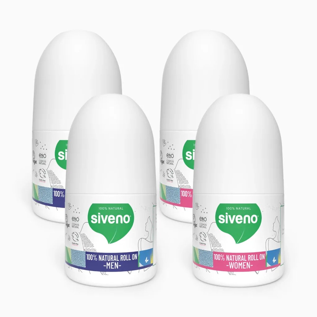 Siveno Natuurlijke Roll-On Deodorant Voordeelset – 2x Dames & 2x Heren – 4 Stuks