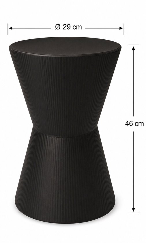 Zwarte bijzettafel met organische, zandloper-vorm, met afmetingen Ø 29 cm en hoogte 46 cm.