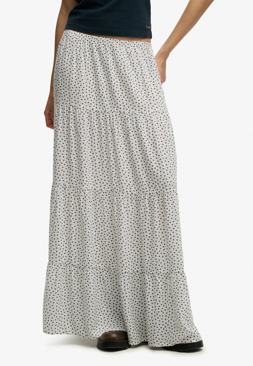 Superdry WOVEN TIERED MAXI SKIRT Dames Rok Off Ditsy Hearts Wit