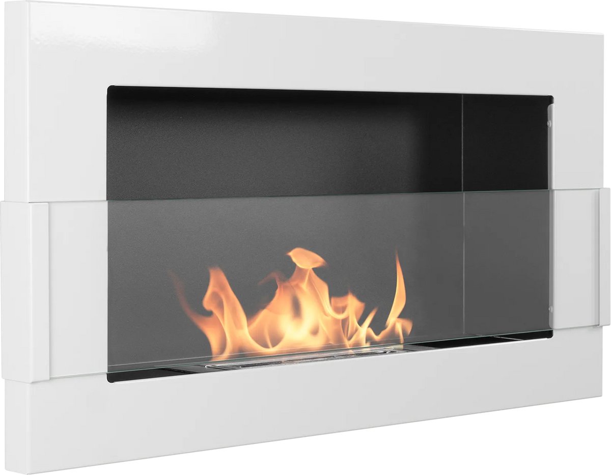 Bio-ethanol wandhaard 65x40 cm wit hoogglans met glas – moderne sfeerhaard zonder schoorsteen
