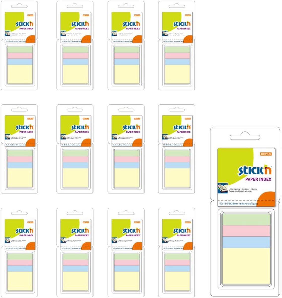 Stick'n 12 pack - Index Notes papier 50x12mm + 50x38mm, pastel assorti, 3x40 index/pad + 40 blaadjes memoblok