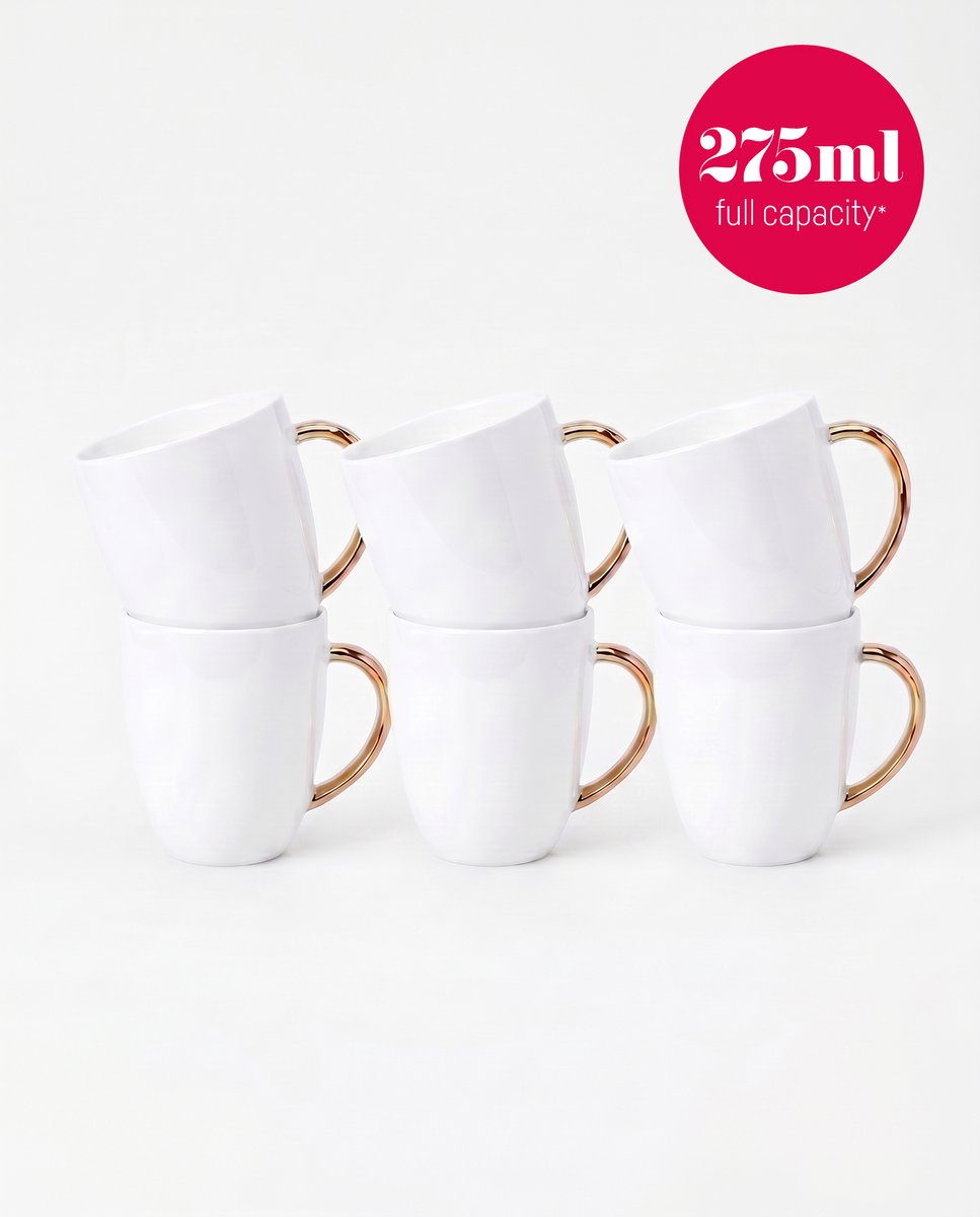 Bol.com vtwonen - Basic - Set van 6 - Mokken met Oor - Wit Goud - Porselein - 275ml aanbieding