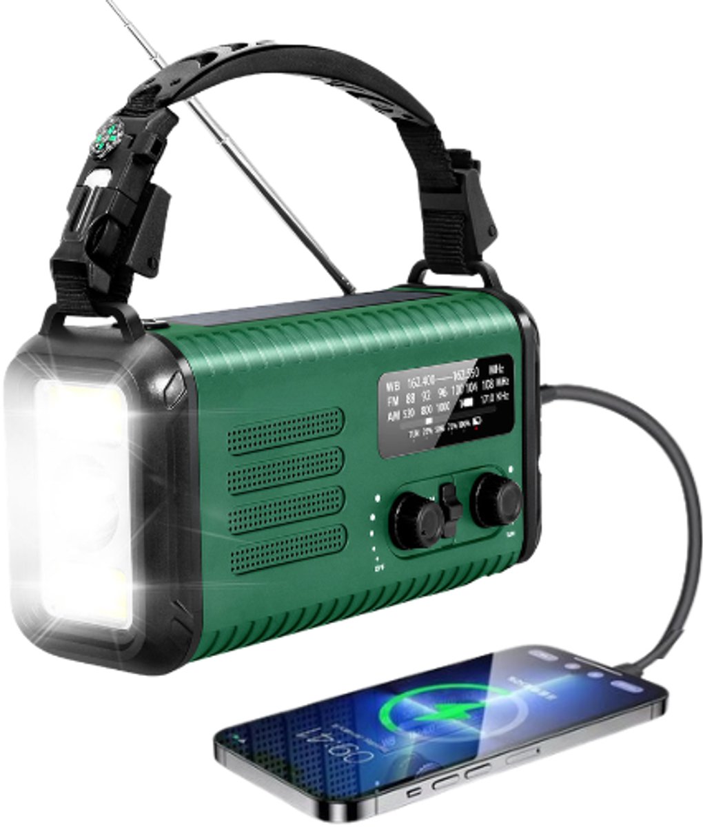 Noodradio - 20.000 mAH - Powerbank - FM AM Radio - Opwindbare Wereldontvanger - Zonne-energie - Betrouwbare Noodvoorziening - Handmatig oplaadbaar - Noodradio Camping, Overleven & Rampen - Weerstation, USB, SOS Alarm -