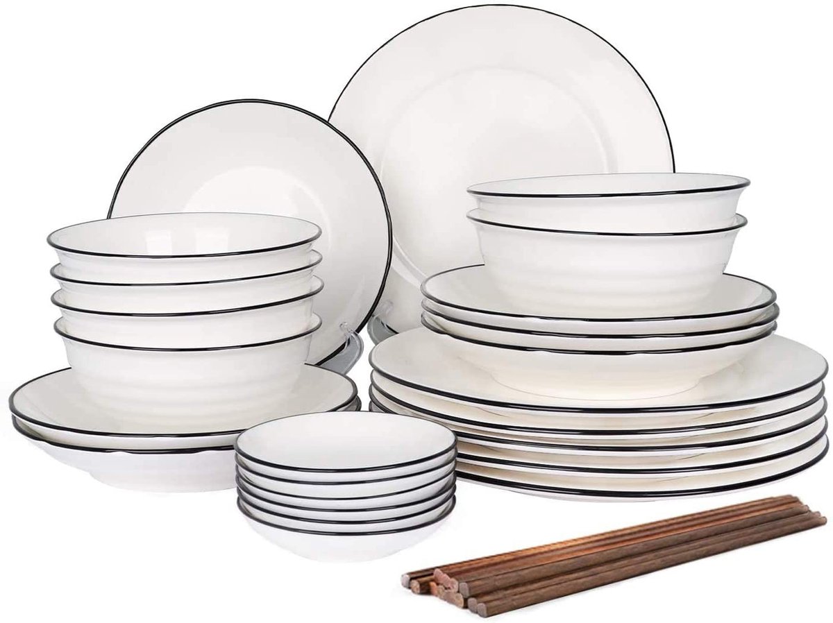 Allecto - Porselein Tafelservice - 30-delige Set - Modern Vintage Look - Wit - Geschikt voor 6 Personen - Handgeschilderd Design - Vaatwasserbestendig