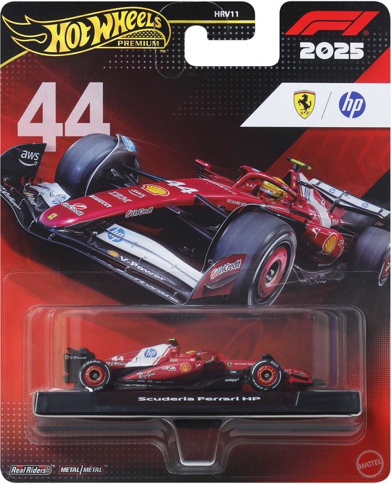 Emballage Hot Wheels Premium d'une voiture de Formule 1 rouge Scuderia Ferrari HP portant le numéro 44.