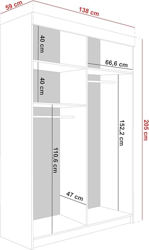 Afmetingen van een witte schuifdeurkast: 205 cm hoog, 138 cm breed, 59 cm diep. Met planken en kledingroede.
