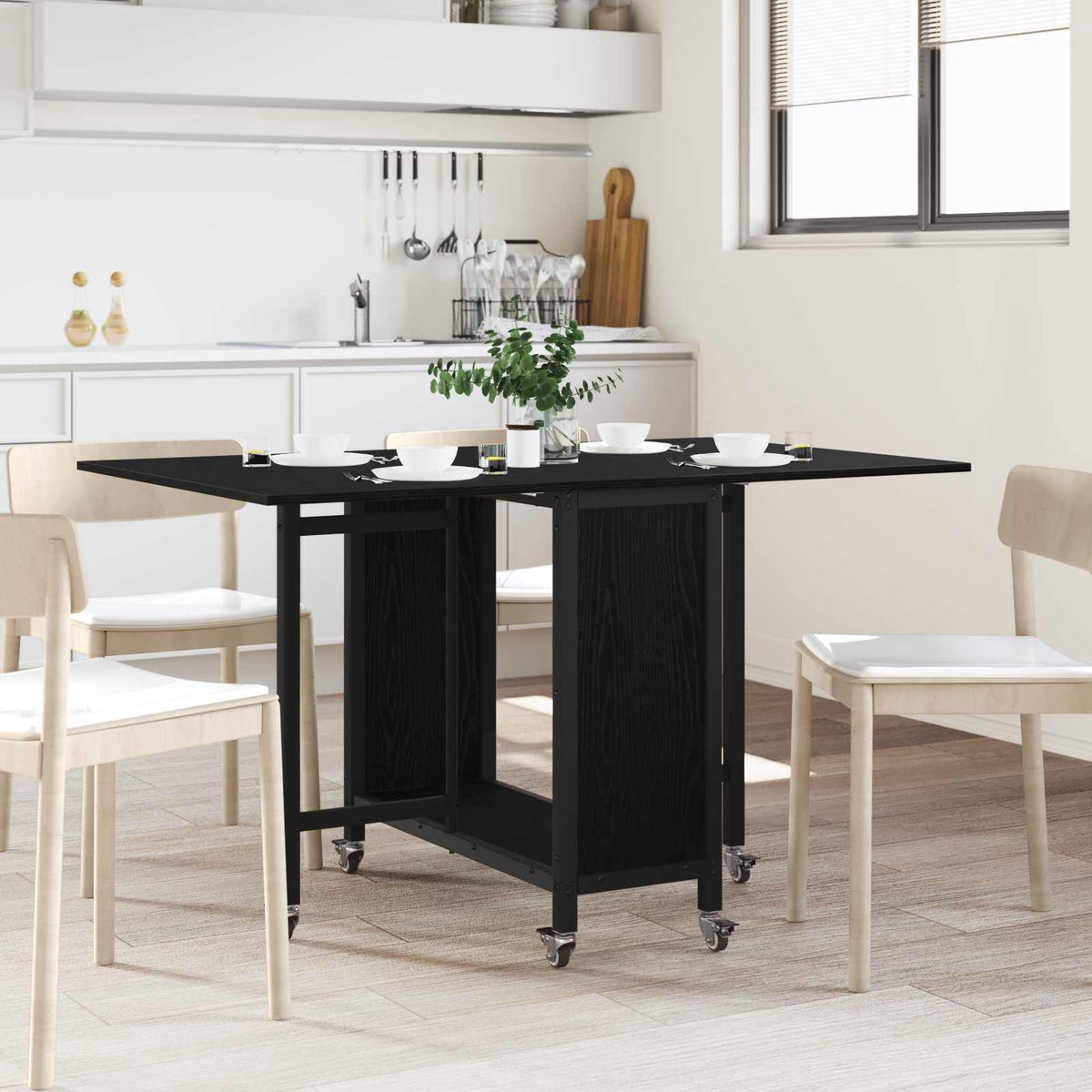 vidaXL Vouwbare - eettafel - met - wieltjes - 130 - x - 80 - x - 76,5 - cm - Bewerkt - hout Zwart eiken