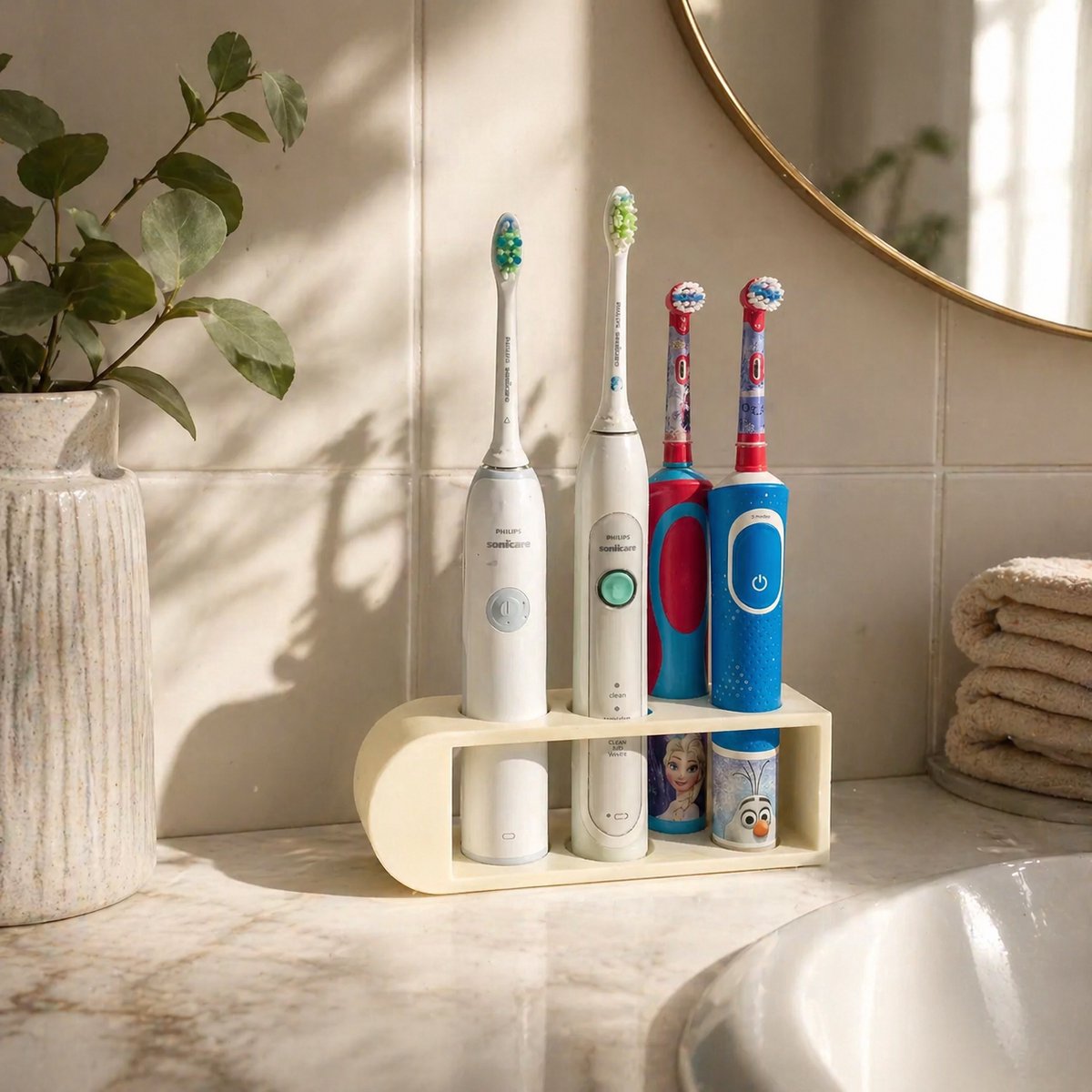 Elektrische Tandenborstel Houder Voor Gezin - Philips Sonicare En Oral B Compatibel - Badkamer Organizer - Tandenborstel Standaard Met Oplaadruimte - Antislip Design - Modern Minimalistisch - Compact Formaat - Bone White — afbeelding 3