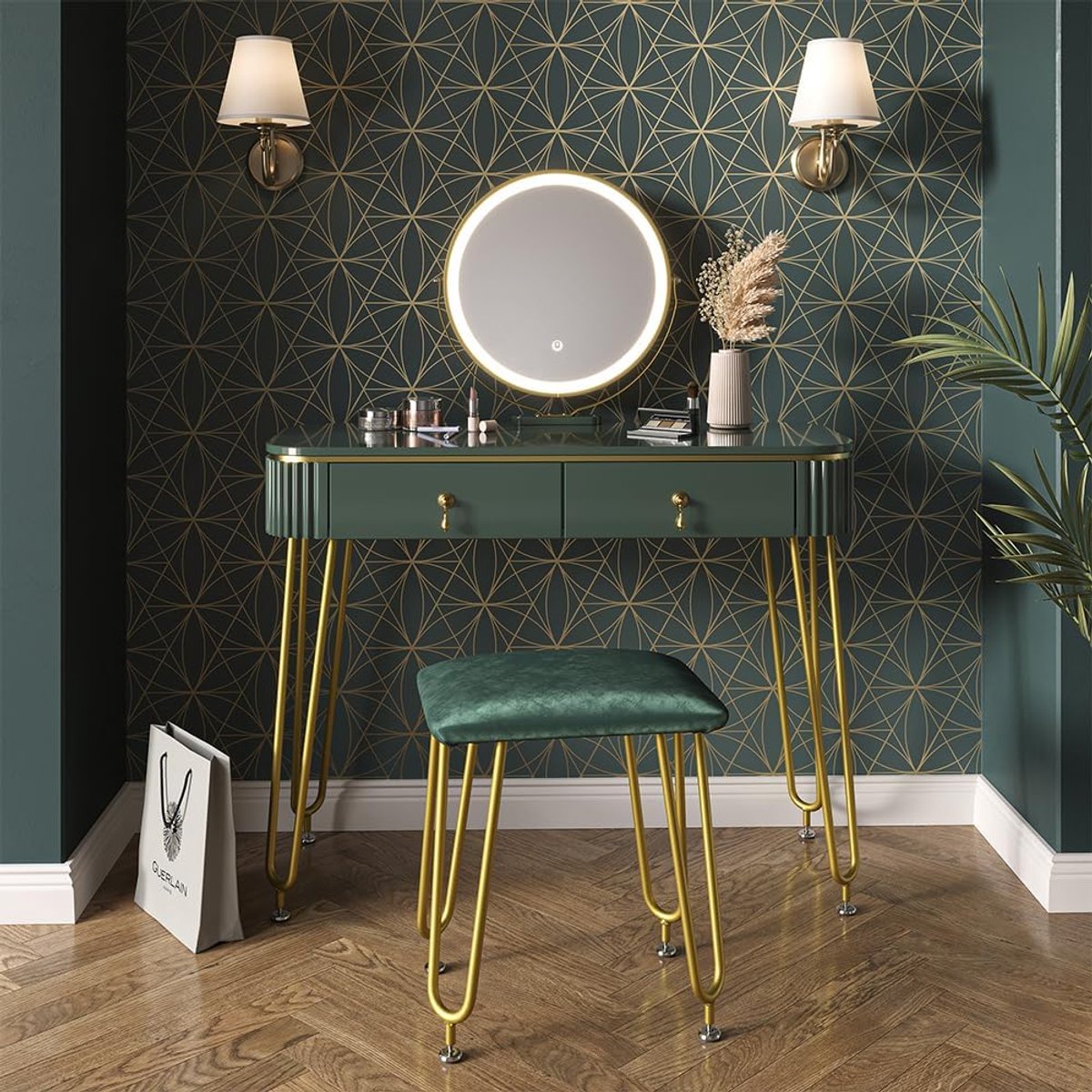 Grace Emerald Luxe Make-uptafel met LED-Verlichte Spiegel en Gestoffeerde Kruk – Elegante Kaptafel in Donkergroen Hoogglans met 2 Laden – 126 x 100 x 40 cm