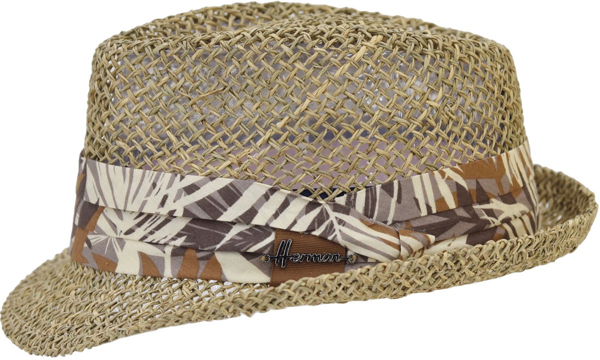 Herman Chapeau petit bord relevé en paille seagrass ajourée unie avec un ruban imprimé tropical marron