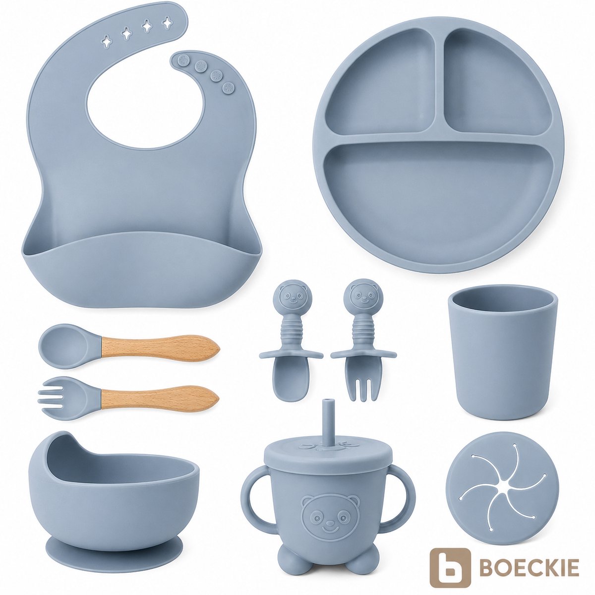 BOECKIE Siliconen Kinderservies 9-delig - Babyservies met Zuignap Blauw - Blue
