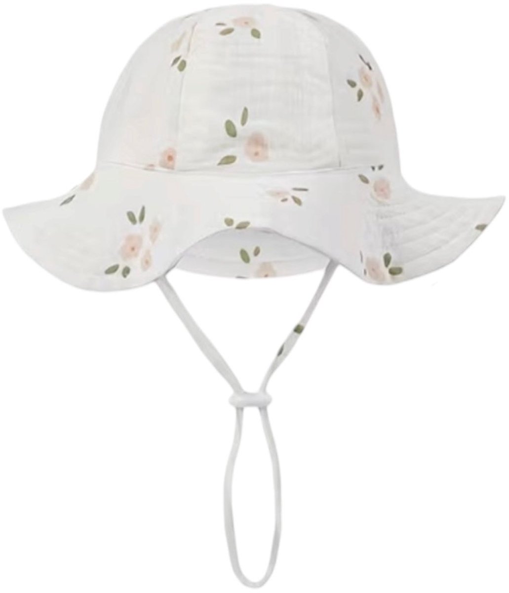 Zomerhoed baby - dreumes - meisje - jongen - zonnehoed - zomer - hydrofiele stof - katoen - wit met bloemetjes