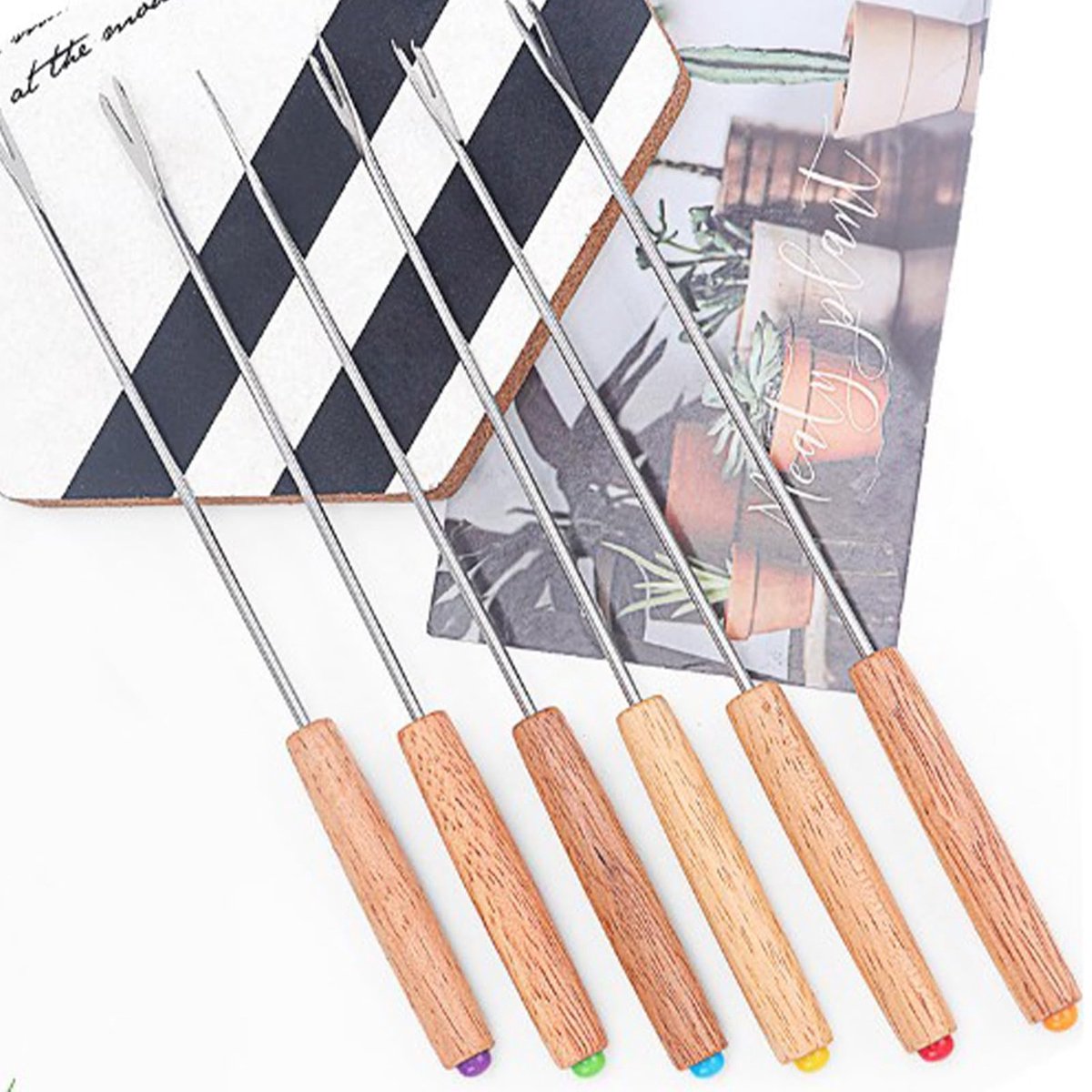 Allecto - Fondue Vorken - 6 Stuks met Eiken Hout Handvatten - Voor Kaas en Chocolade - Perfecte Keuze voor Fondue Avonden - Geschikt voor Fruit en ...