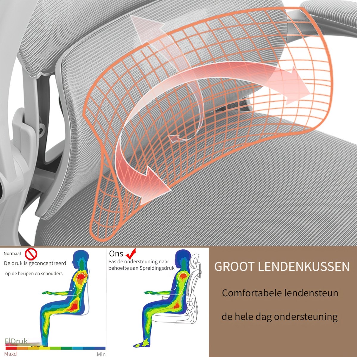Ergonomische bureaustoel-Draadloze Stoffen Hoge Rug Computerstoel-Kantoorstoel Comfortabel met Armleuningen-Lendensteun-Hoofdsteun-Metaal thumbnail 6