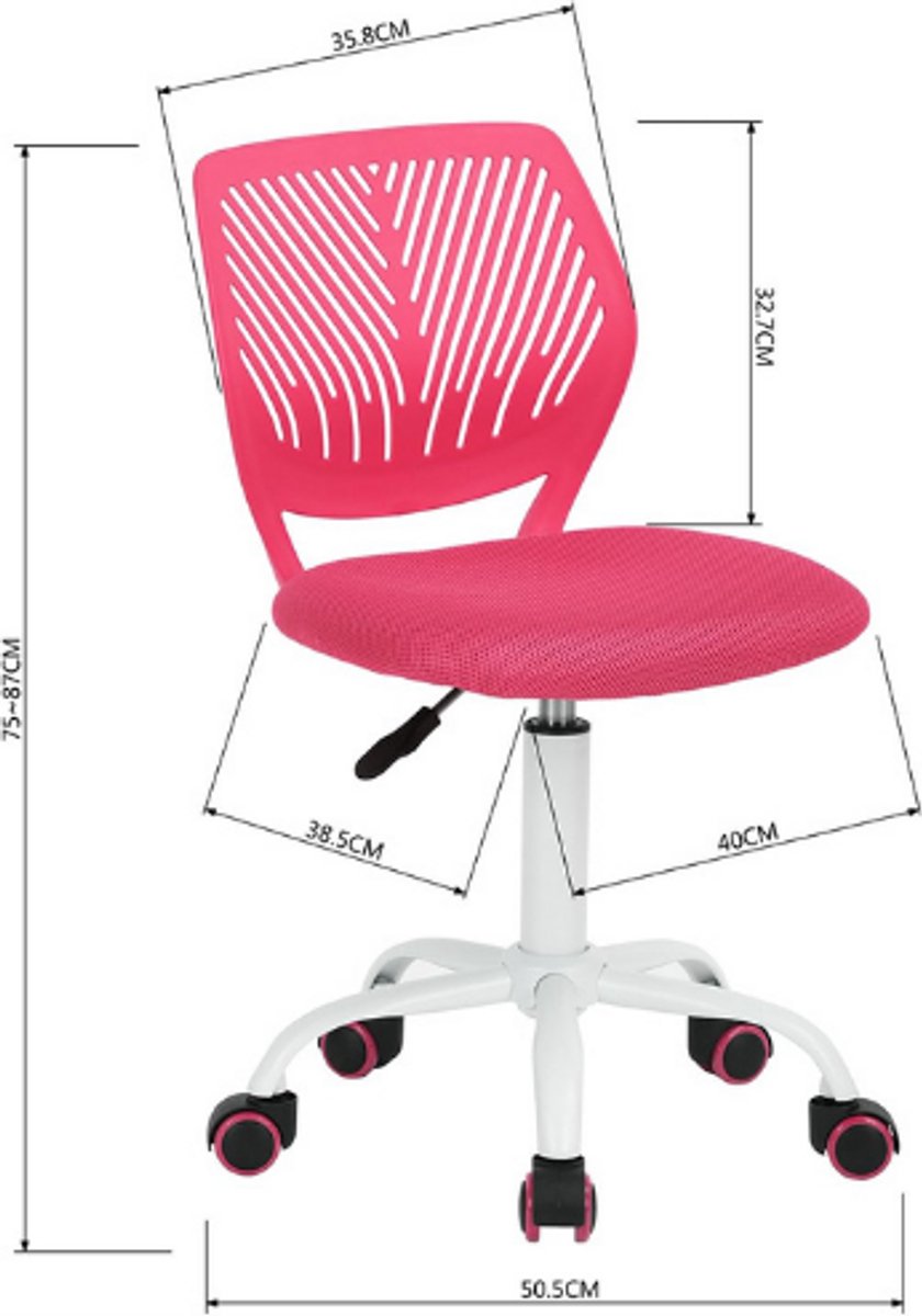 FurnitureR Ergonomische Bureaustoel - In Hoogte Verstelbare Draaistoel - Compacte Computerstoel Met Wielen - Thuiskantoor En Make Up Stoel - Roze thumbnail 6