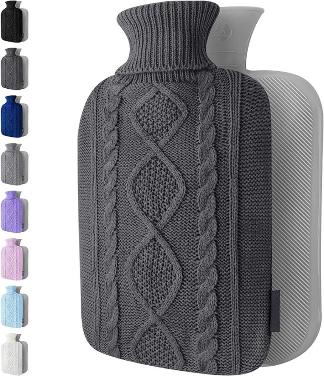Verte Kruikzak - Warmwaterkruik met Gebreide hoes - Zachte Hoes van Topkwaliteit - Warmwaterkruik voor Pijnverlichting Bij Rug - Nek- en Schouderklachten - Leuk Cadeau voor Vrouwen en Kinderen - Donkergrijs - 1,8 L