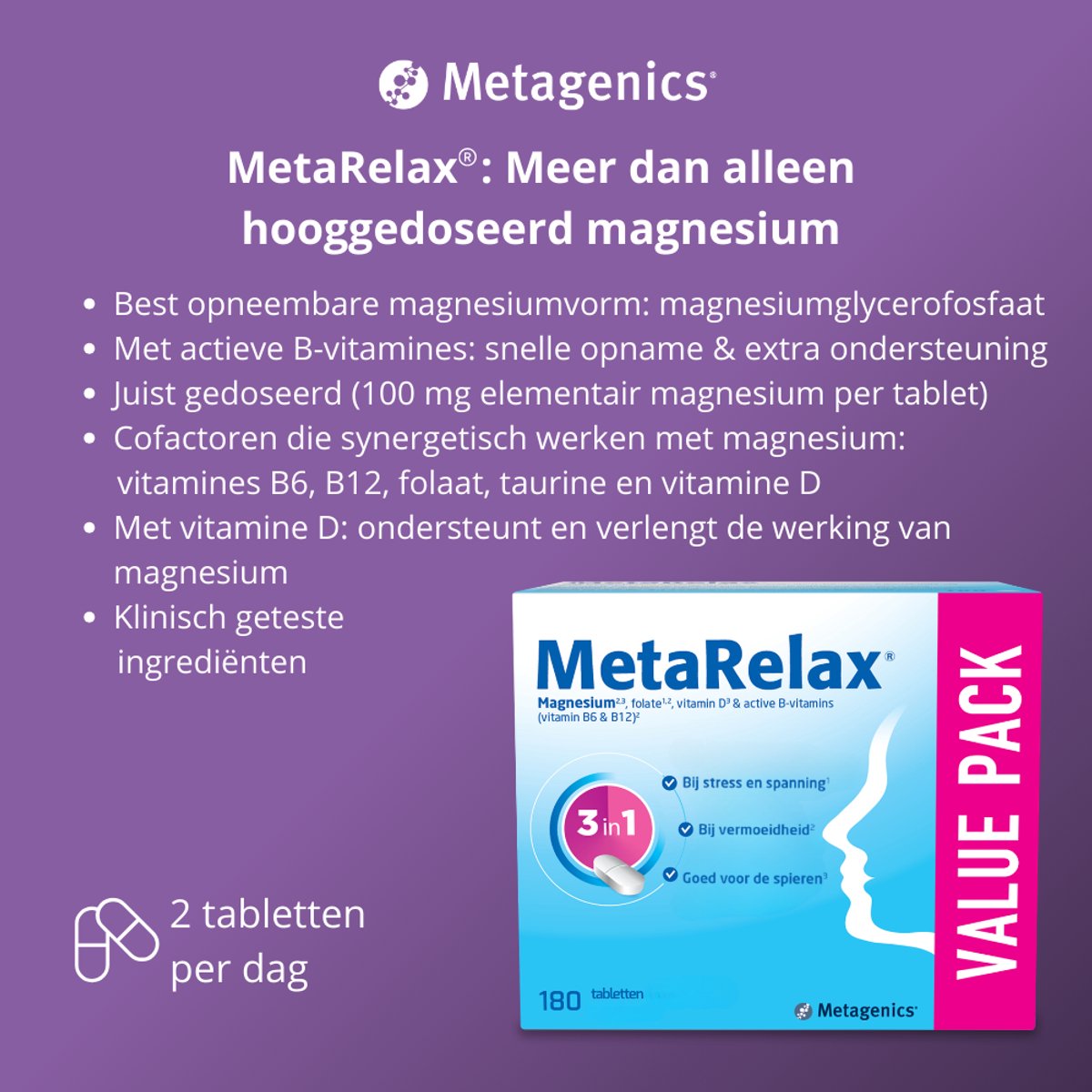 MetaRelax Magnesium Tabletten – Voordeelverpakking 180 Tabs - Hoogwaardig Magnesiumcomplex met Magnesiumglycerofosfaat - Bij Stress & Spanning - Vermoeidheid - Goed voor de Spieren - Hou het hoofd koel en schiet niet in een kramp — afbeelding 6