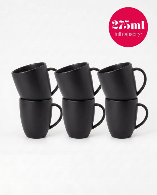 Six tasses noir mat empilées, avec une étiquette rouge "275ml".