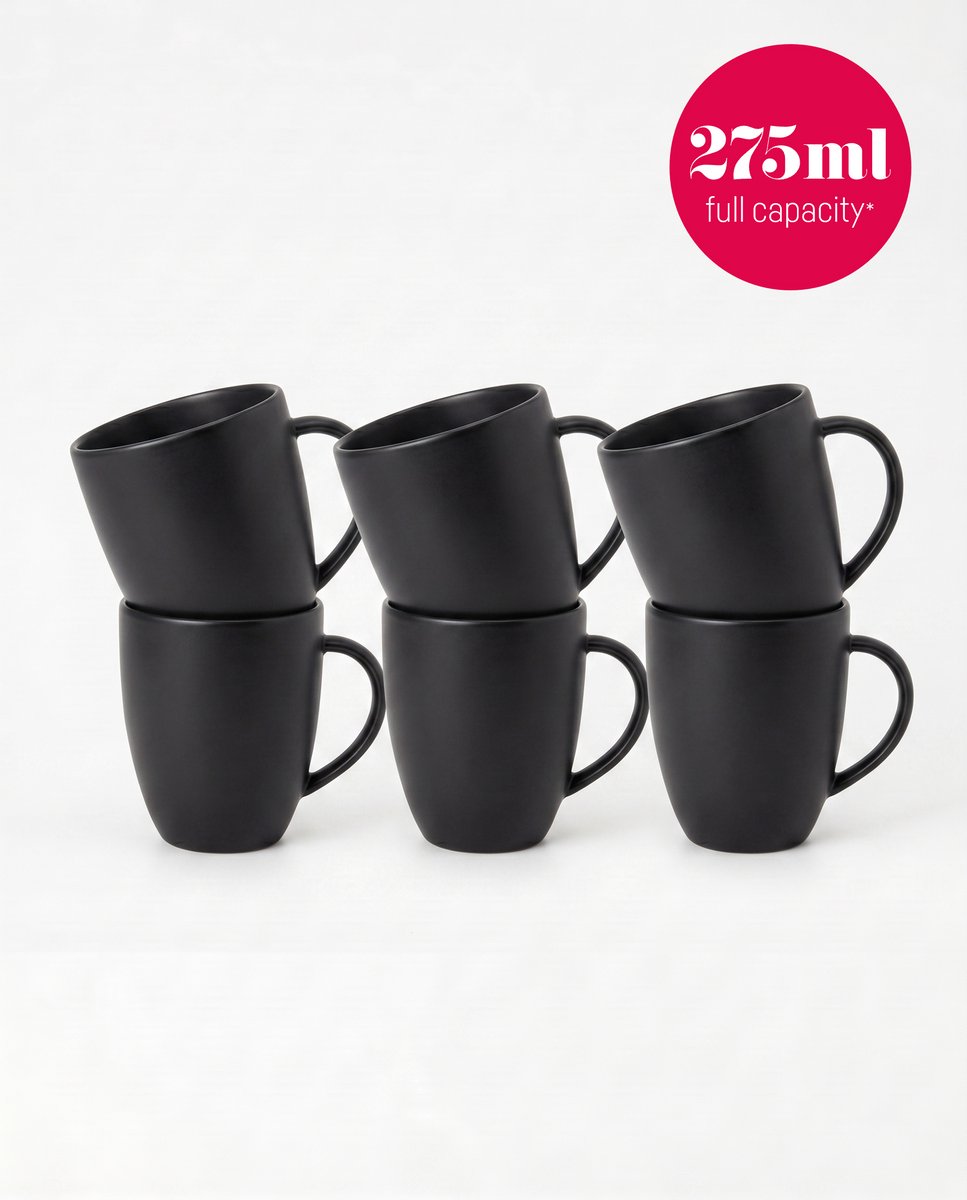 Bol.com vtwonen - Basic - Set van 6 - Mokken met Oor - Mat Zwart - Porselein - 275ml aanbieding